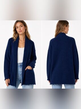 LINE the Label Navy Blue Fuzzy Textured Raw Edge Open Wool Blend Cardigan XS